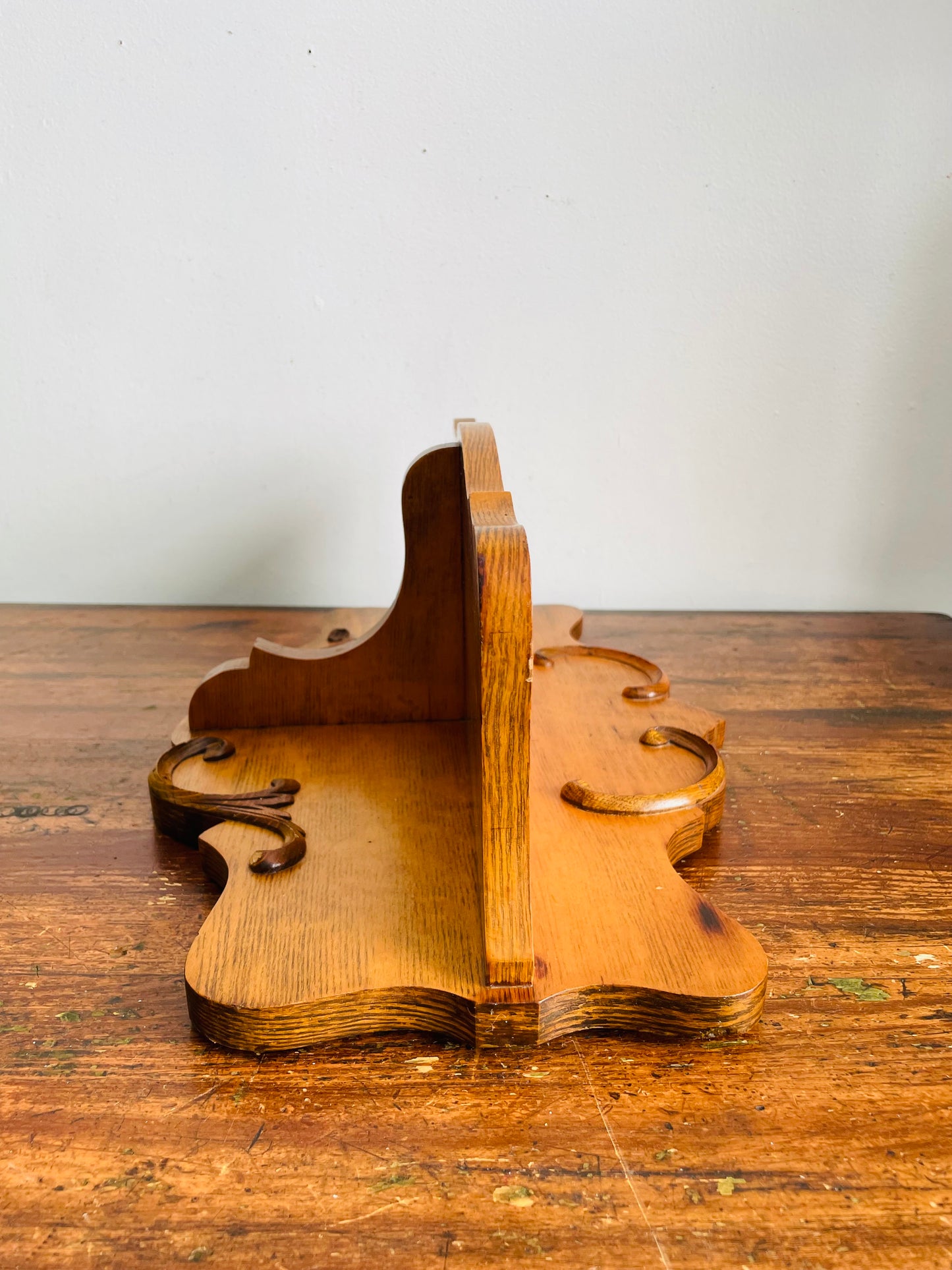 Vintage Solid Oak Wood Wall Hanging Shelf with Raised Scroll Design