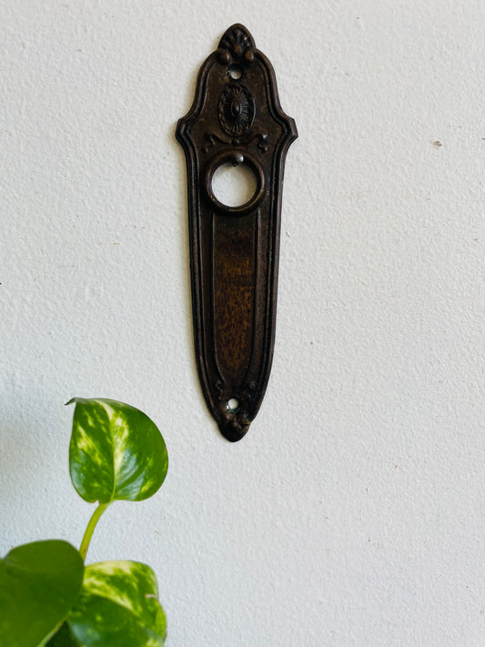 Antique Early 1900s "Landsdowne" Metal Escutcheon Doorplate by Sargent with Darker Patina - Architectural Salvage - As Found