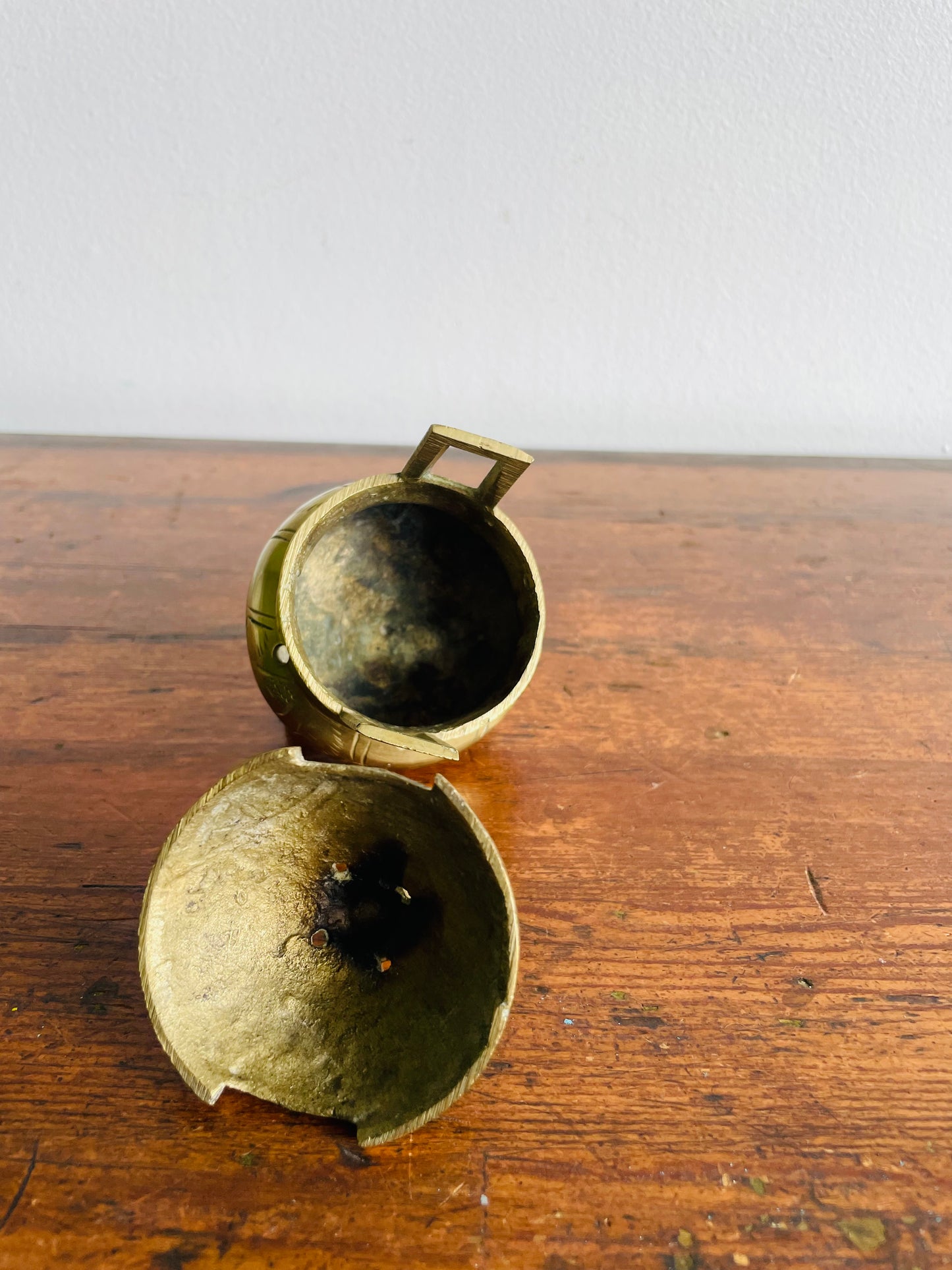 Chinese Etched Brass Footed Incense Burner with Lid & Handles