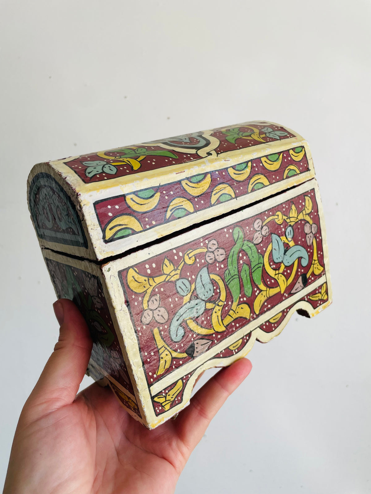 Vintage Moroccan Hand-Painted Wood Jewellery Trinket Treasure Chest Box with Hinged Lid & Colourful Bright Folk Art Design
