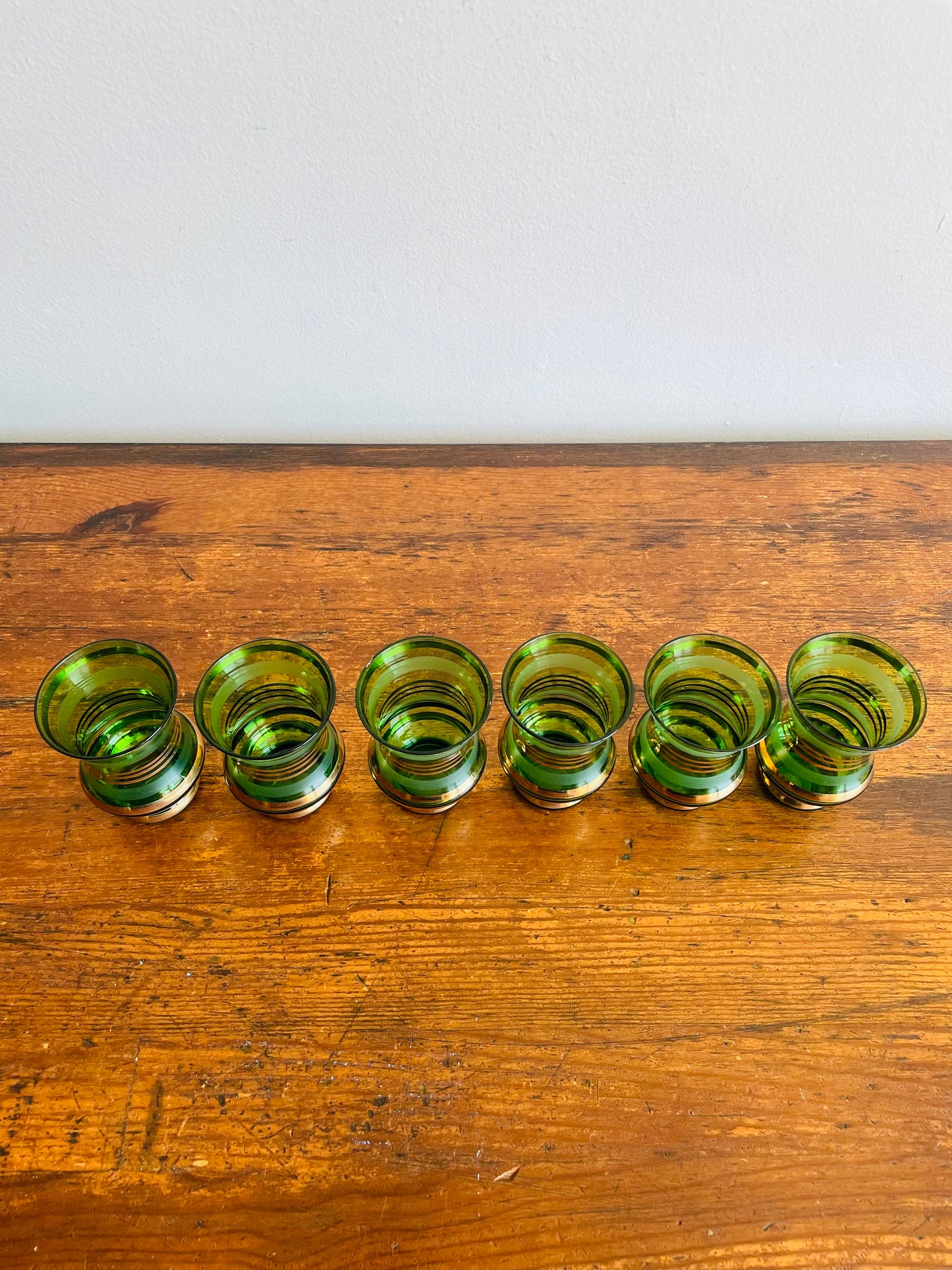 Green Glass with Frosted Bands & Gold Stripes Shot or Cordial Glasses - Set of 6