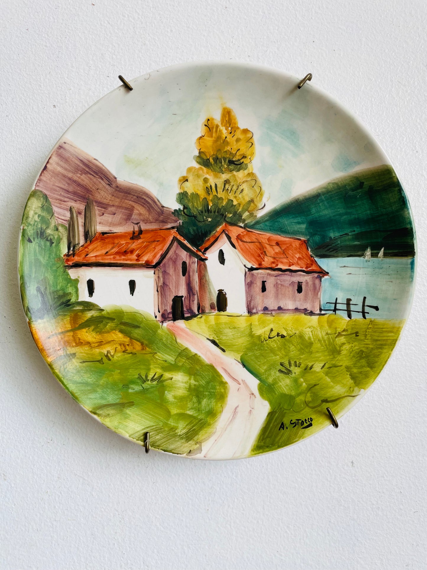 Vintage Hand Painted Wall Hanging Plate with Country Houses Beside Lake & Mountains Scene - A. Stocco Italy