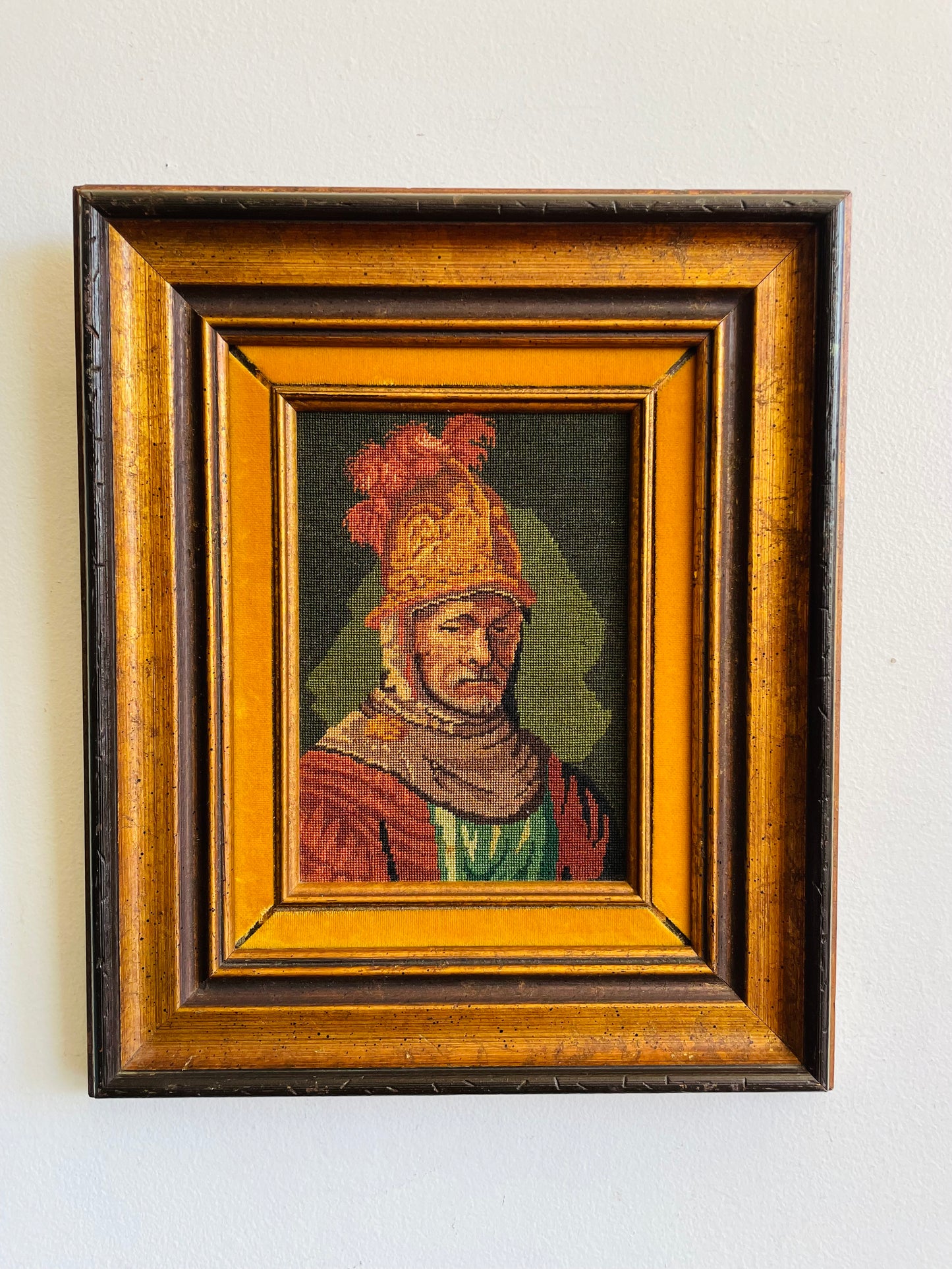 Vintage "The Man With The Golden Helmet" by Rembrandt Needlepoint Embroidery Picture
