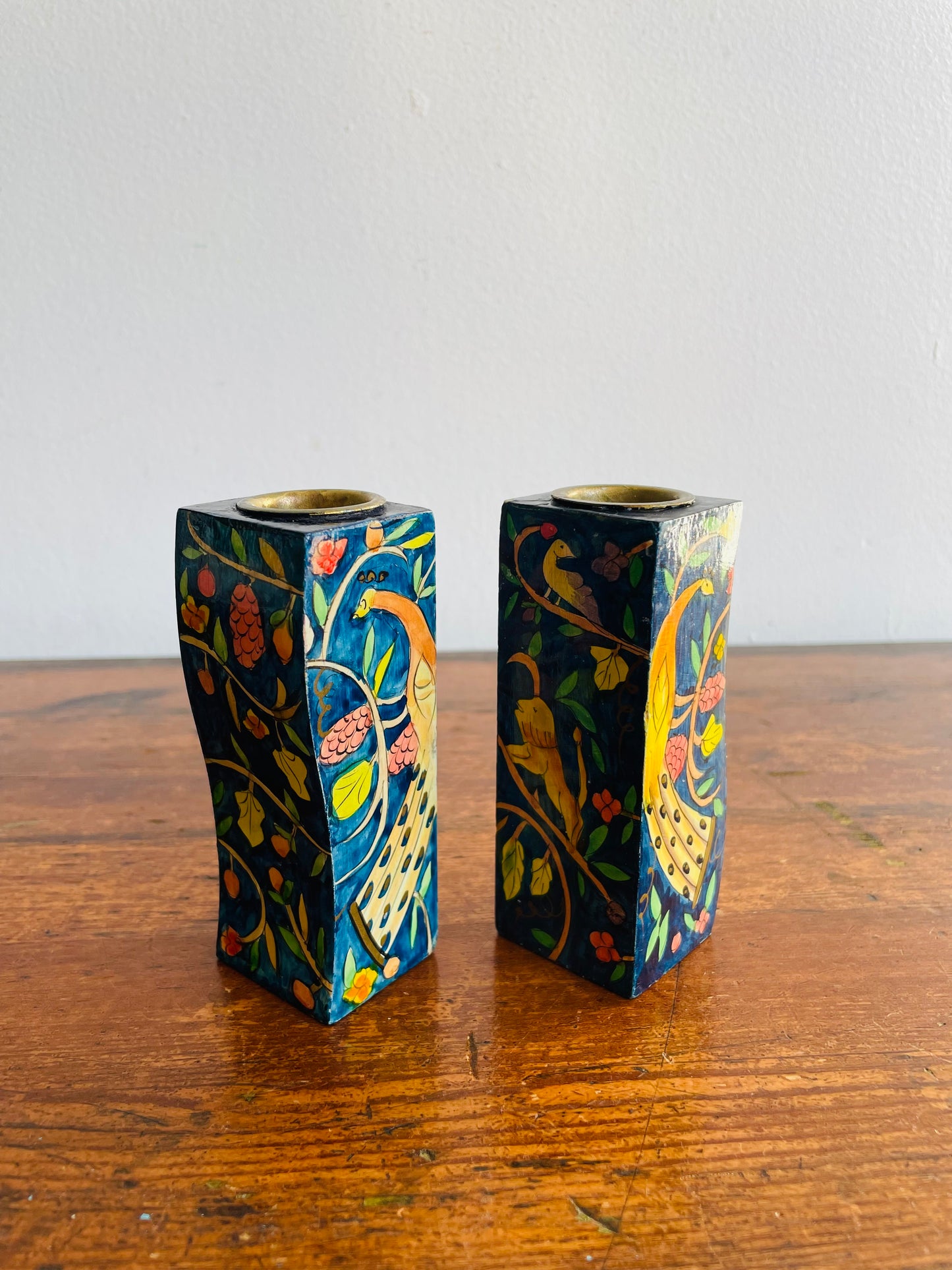 Israeli Lacquered Wood Wavy Candle Holders with Hand Painted Peacock, Lion, Deer, Bird & Flower Design - Yair Emanuel Shabbat Candles