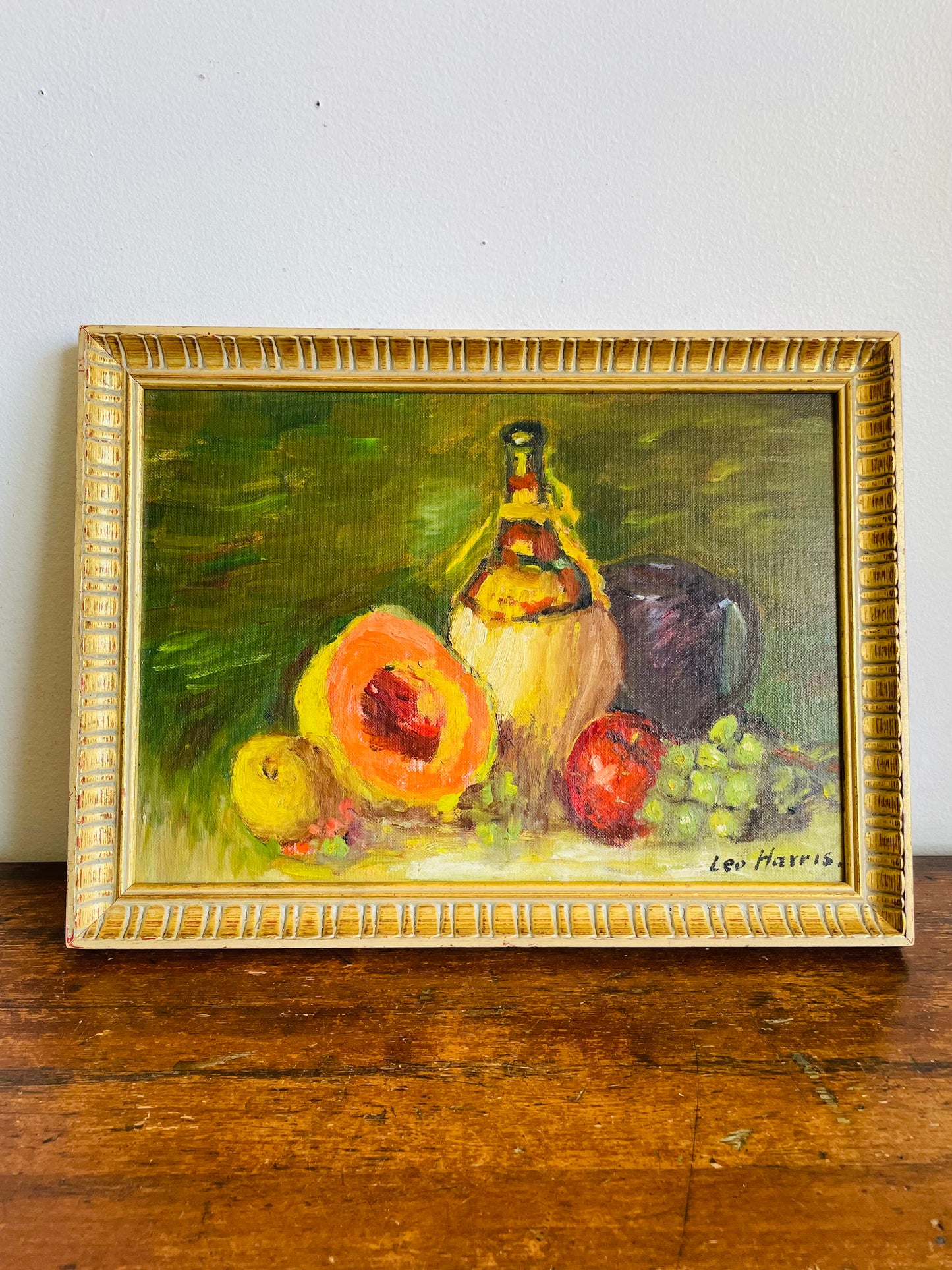 Vintage Original Art Painting of Still Life Scene with Cantaloupe, Other Fruit & Wine Jug - Signed Leo Harris
