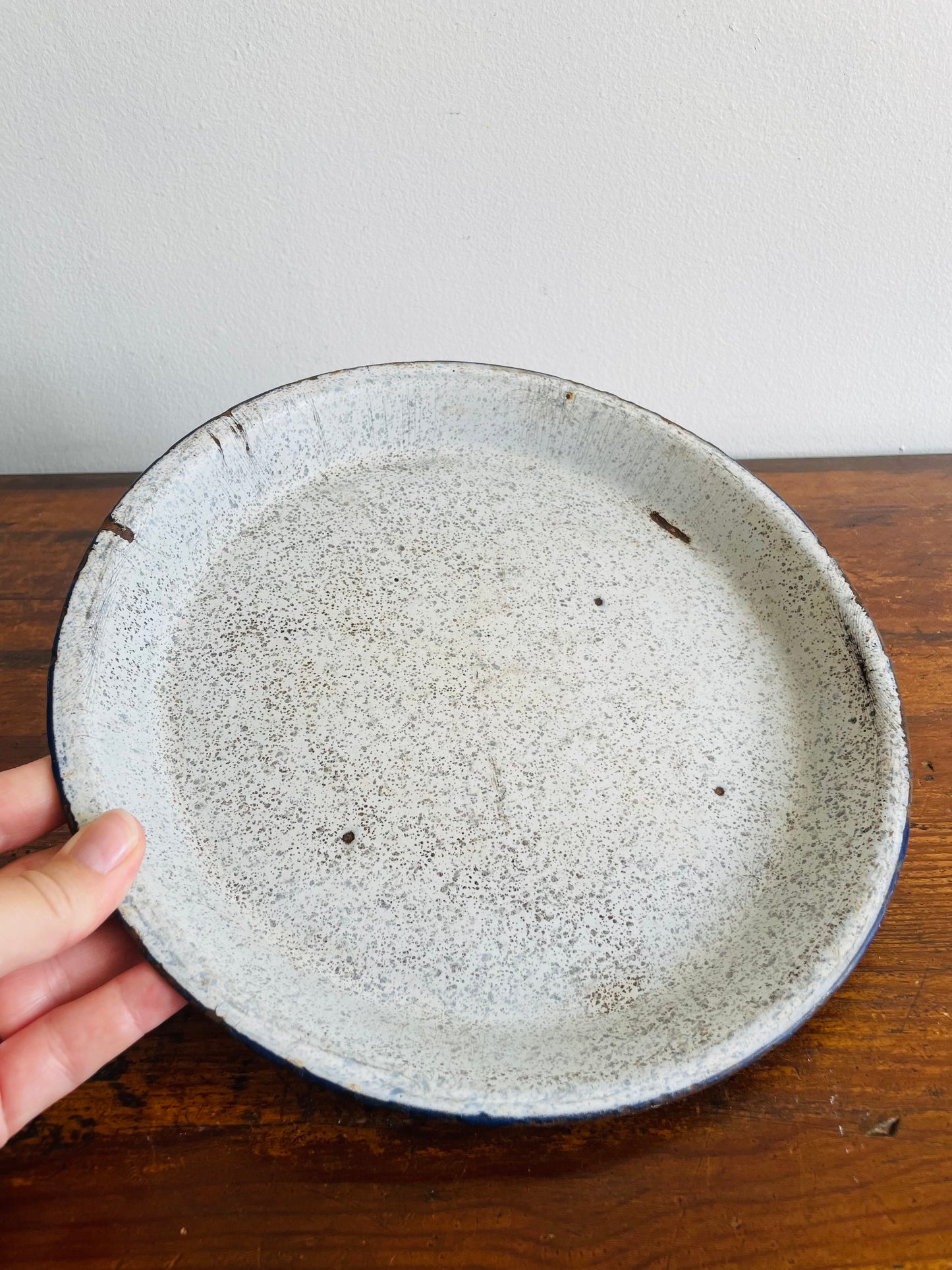 Pair of Graniteware Enamelware Pie Dishes or Plates - Speckled White & Blue - Set of 2