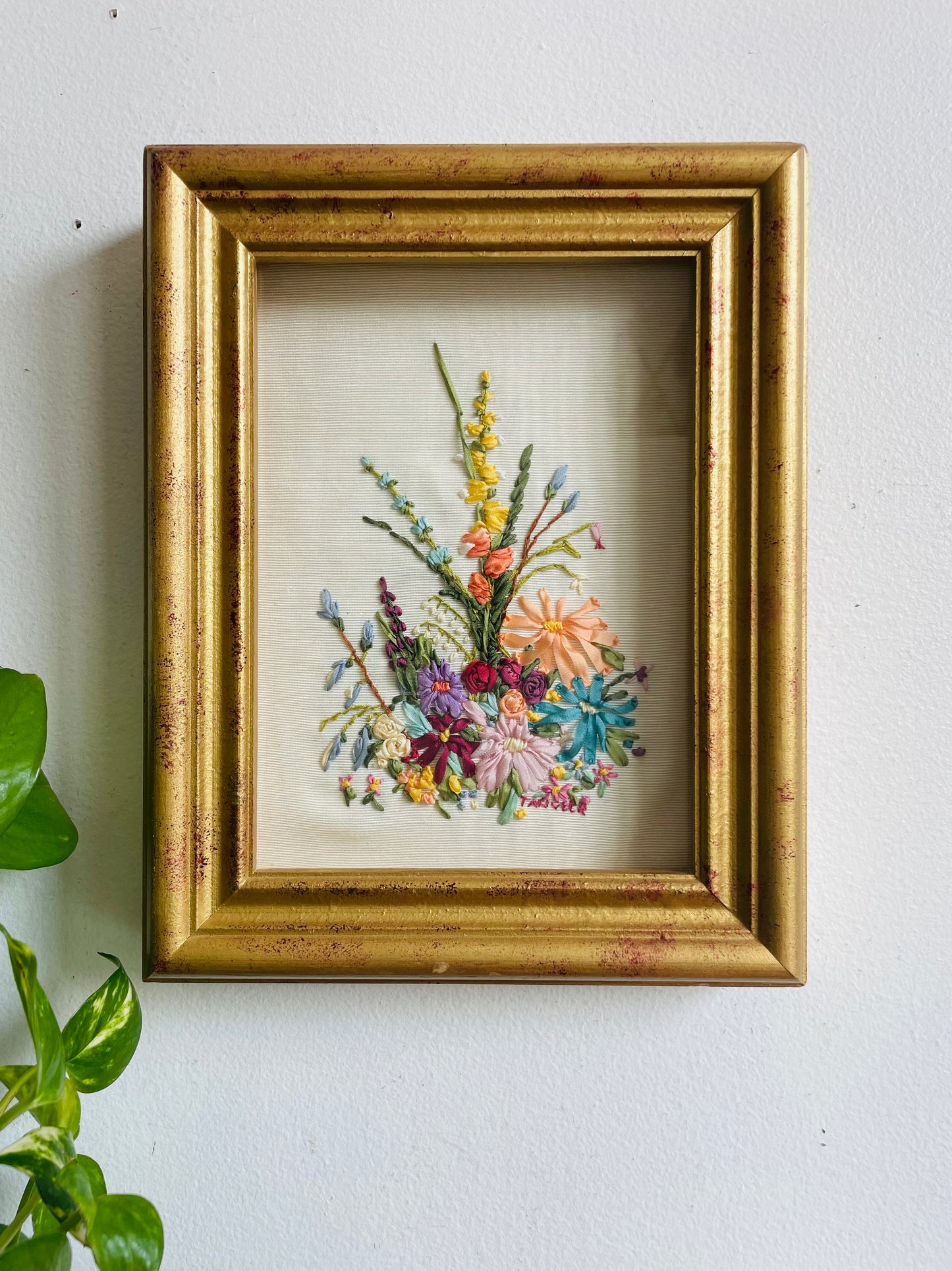 Vintage Needlepoint Crewel Silk Ribbon Embroidery Picture of Flowers in Gold Shadowbox Frame