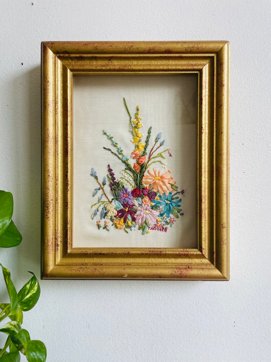 Vintage Needlepoint Crewel Silk Ribbon Embroidery Picture of Flowers in Gold Shadowbox Frame