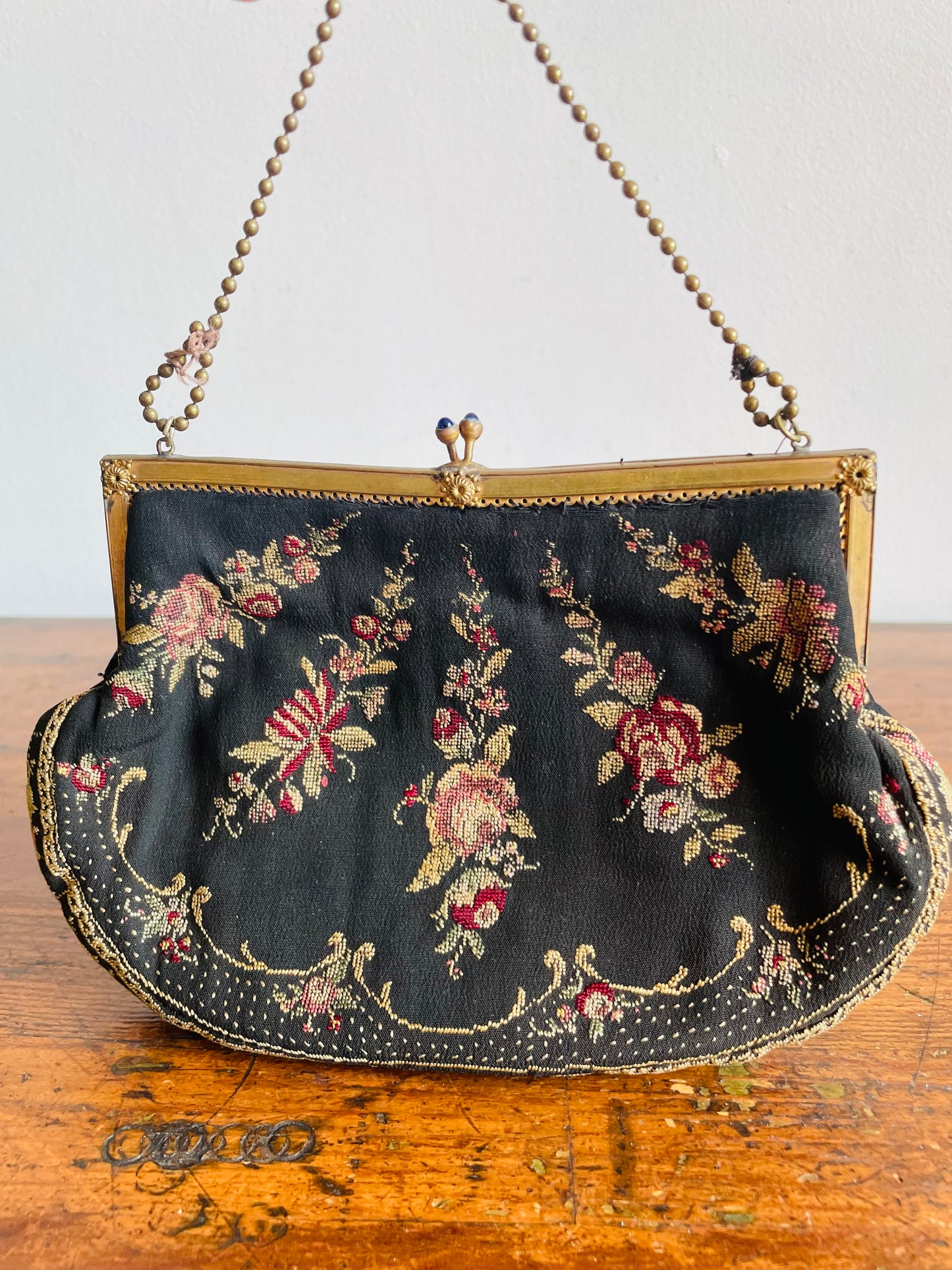Delicate 1920s Black Evening Bag Purse on Brass Chain with Floral Petit Point Embroidery - Has Attached Coin Purse Inside