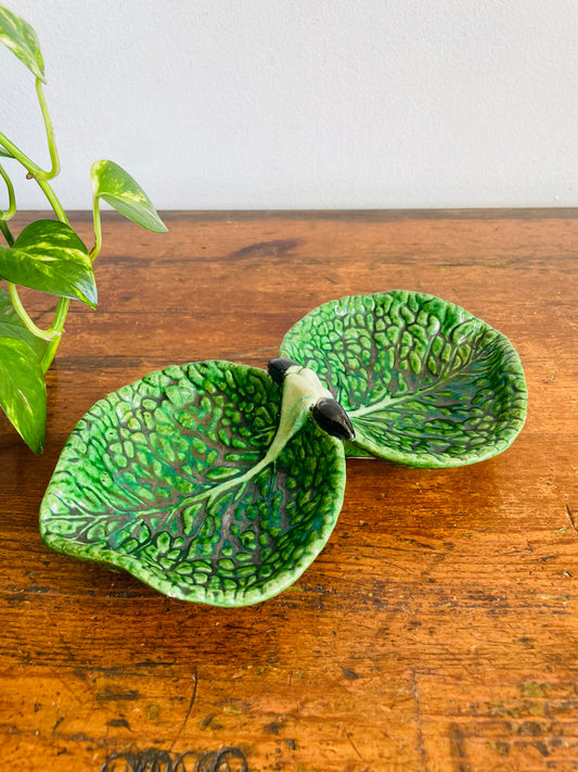 Vintage Cabbageware Cabbage Leaf Divided Double Bowl Dish - Trinkets, Jewellery, Serving, Etc.