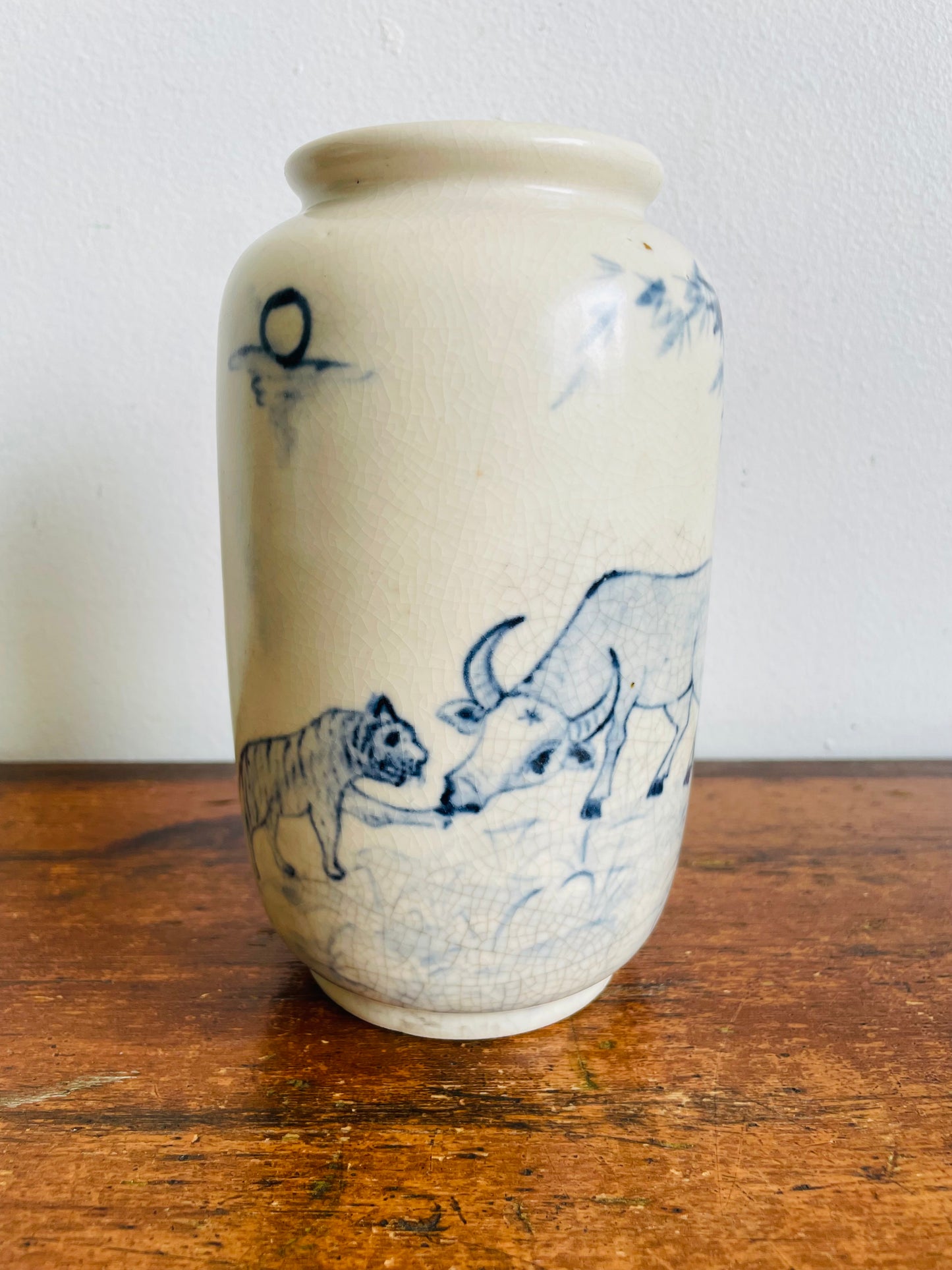 Vintage Hand Painted Blue & White Chinese Vase with Ox, Tiger & Bamboo Design