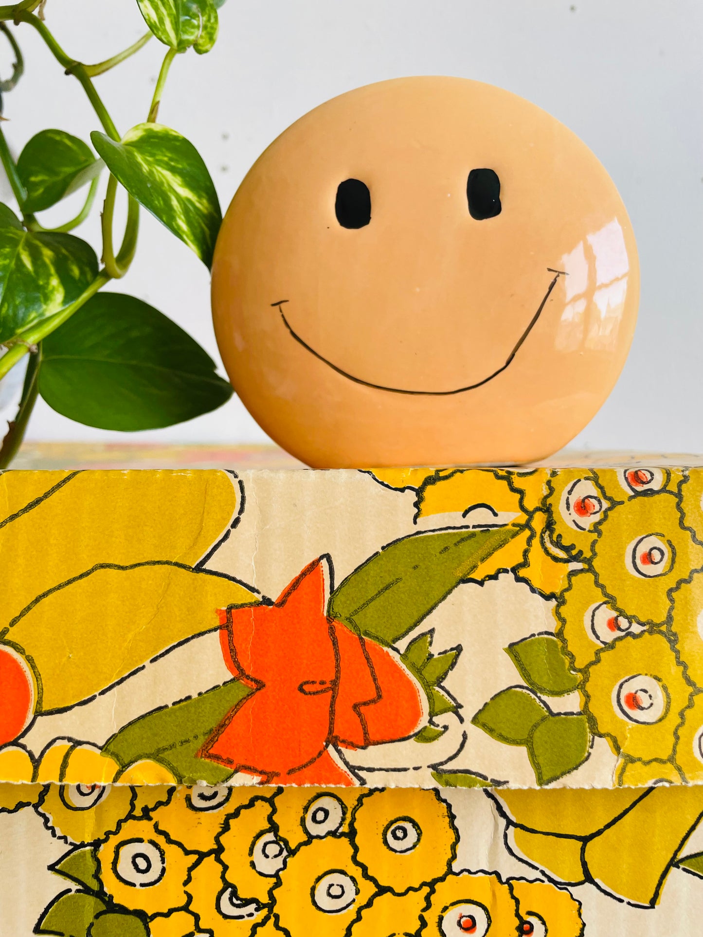 Vintage Pale Orange Smiley Happy Face Money Coin Piggy Bank