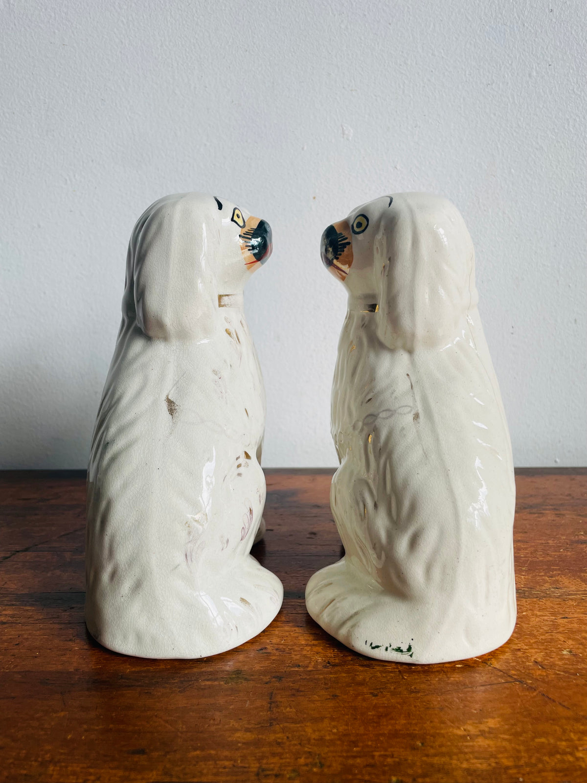 Vintage Staffordshire Fireplace Mantle Dogs - White Spaniel Statue Figurines - Set of 2 - Please Read