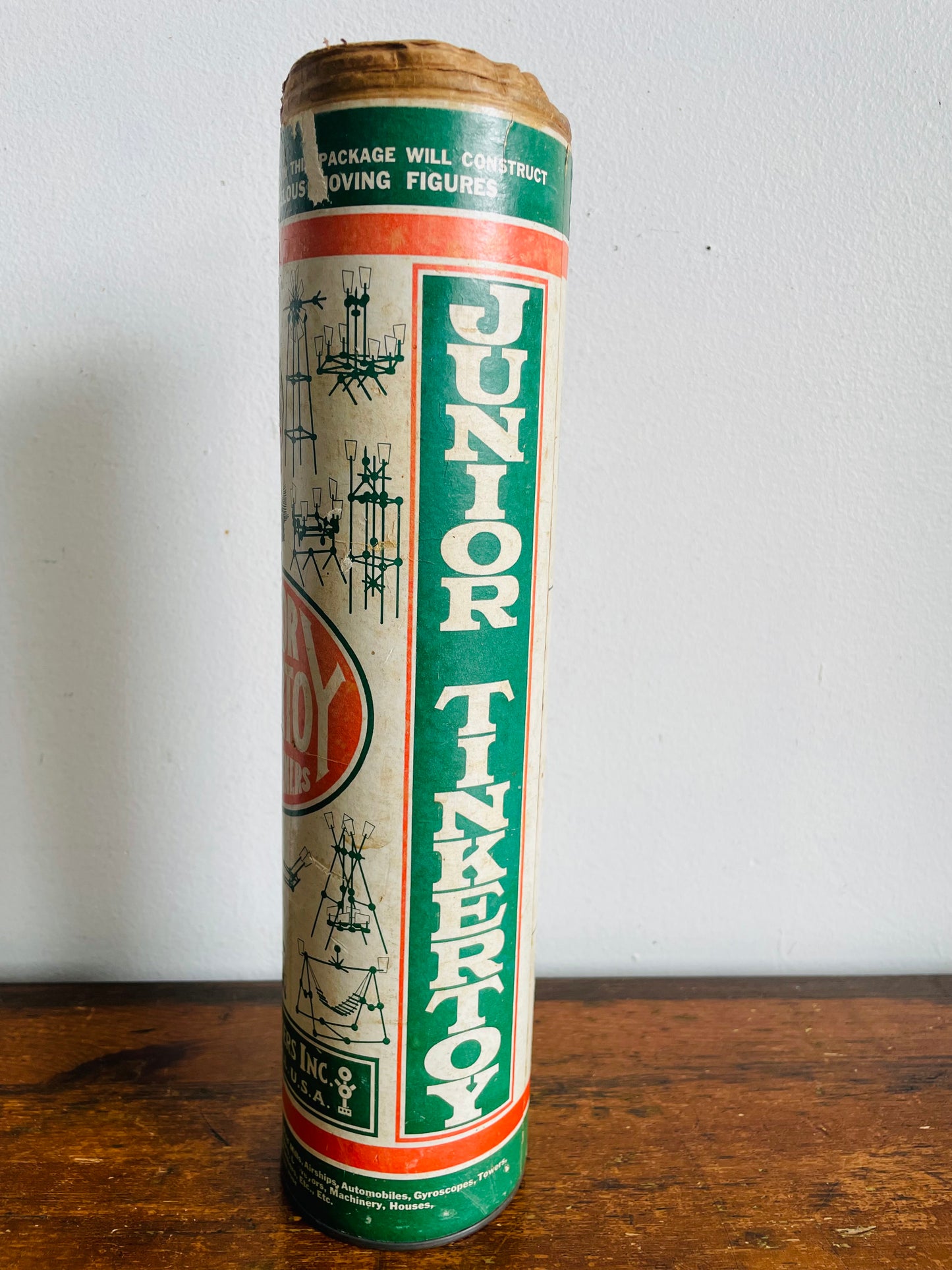 Vintage Junior Tinkertoy for Beginners Green Label Canister with Wood Building Blocks - Includes 42 Pieces