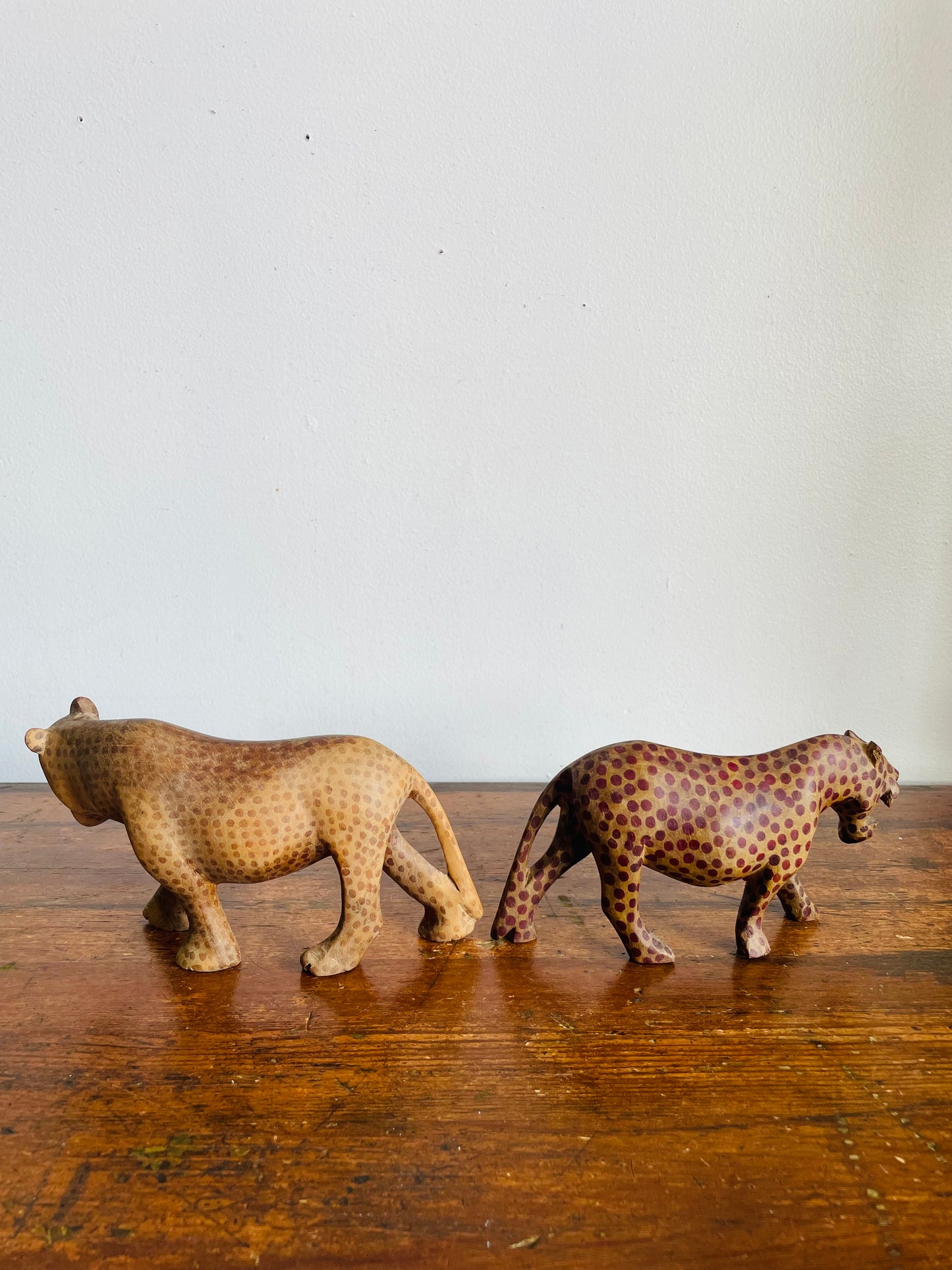 Vintage Hand Carved Wood Prowling Spotted Leopard Big Cats - Set of 2