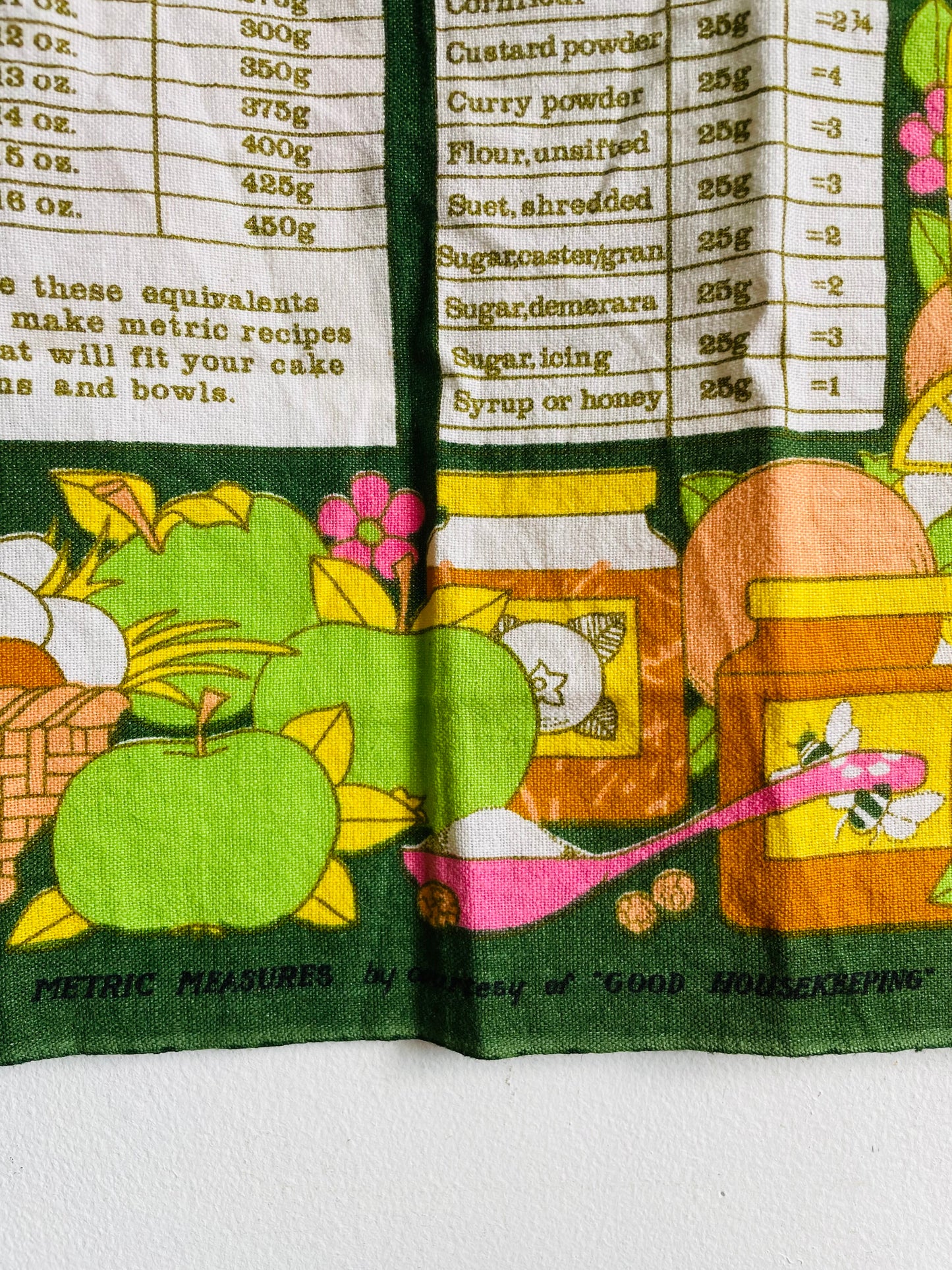 Vintage Irish Linen Tea Towel with Measuring In Metrics Guide & Adorable Bright Graphics - Old Bleach Made in Ireland