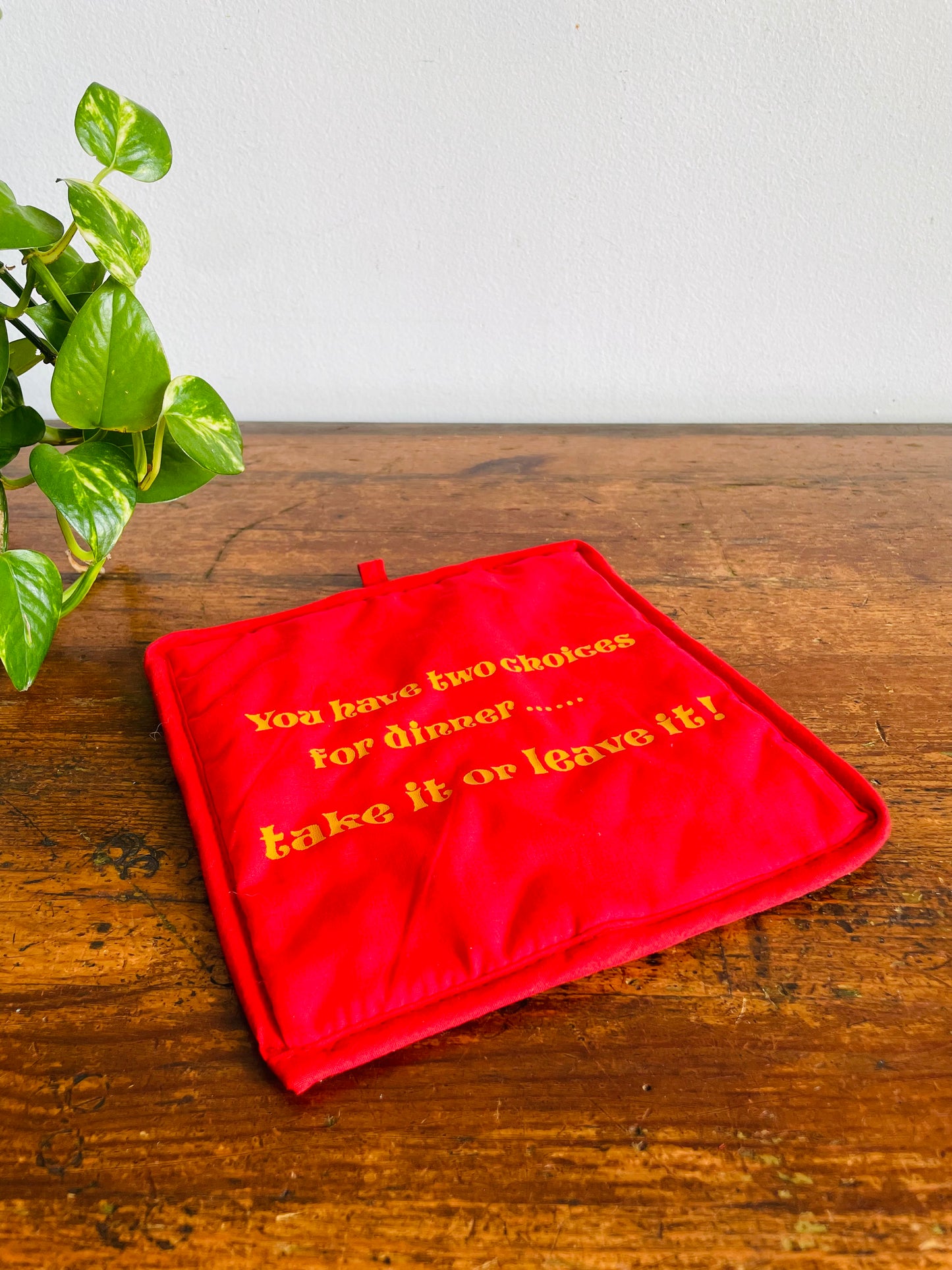 Vintage Red Pot Holder Trivet - You Have Two Choices for Dinner .... Take It or Leave It!