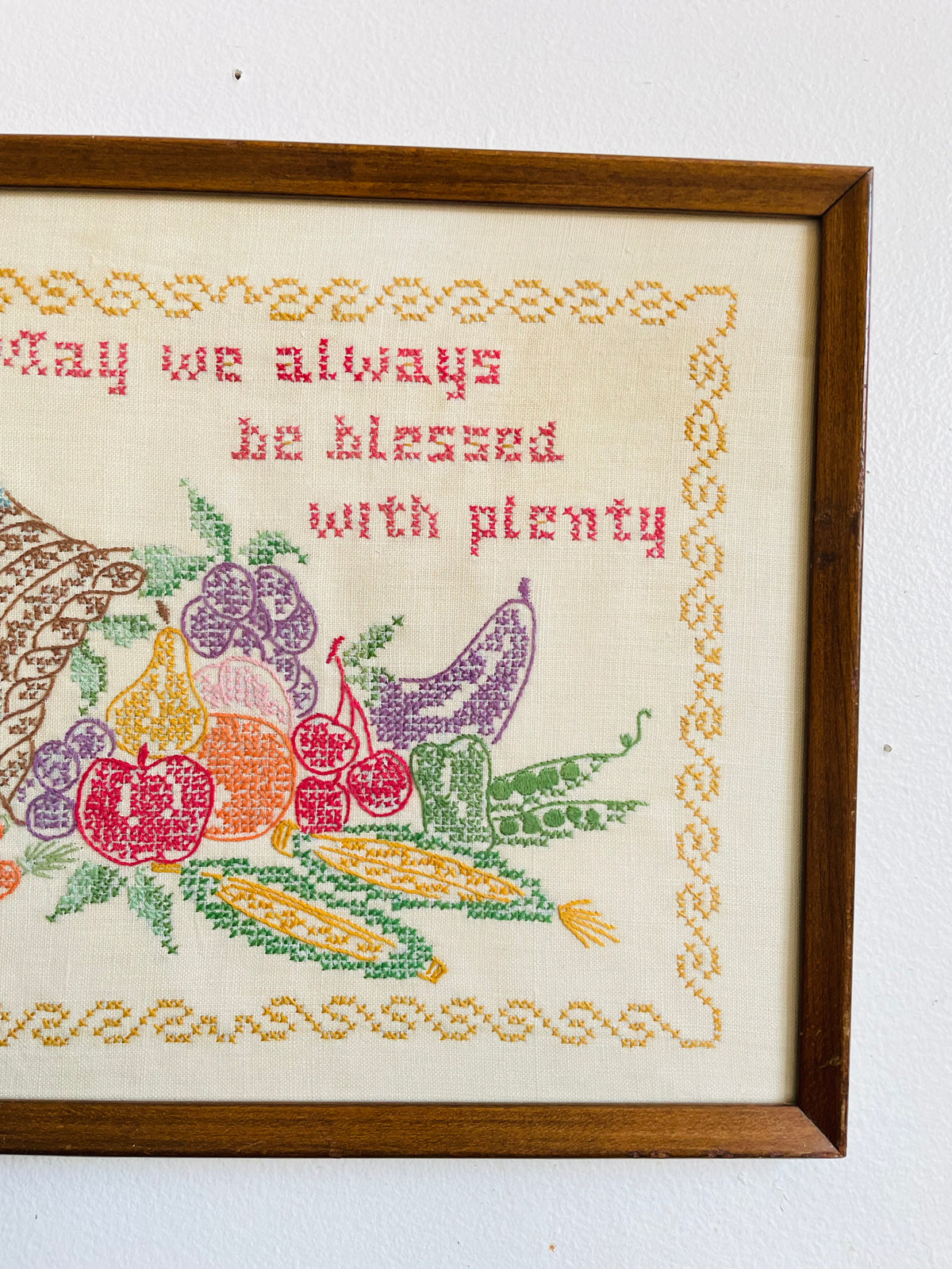 Vintage 1969 Cross Stitch Embroidery Picture - May We Always Be Blessed With Plenty - Made By “Granny Stebbel” at 80 Years Old