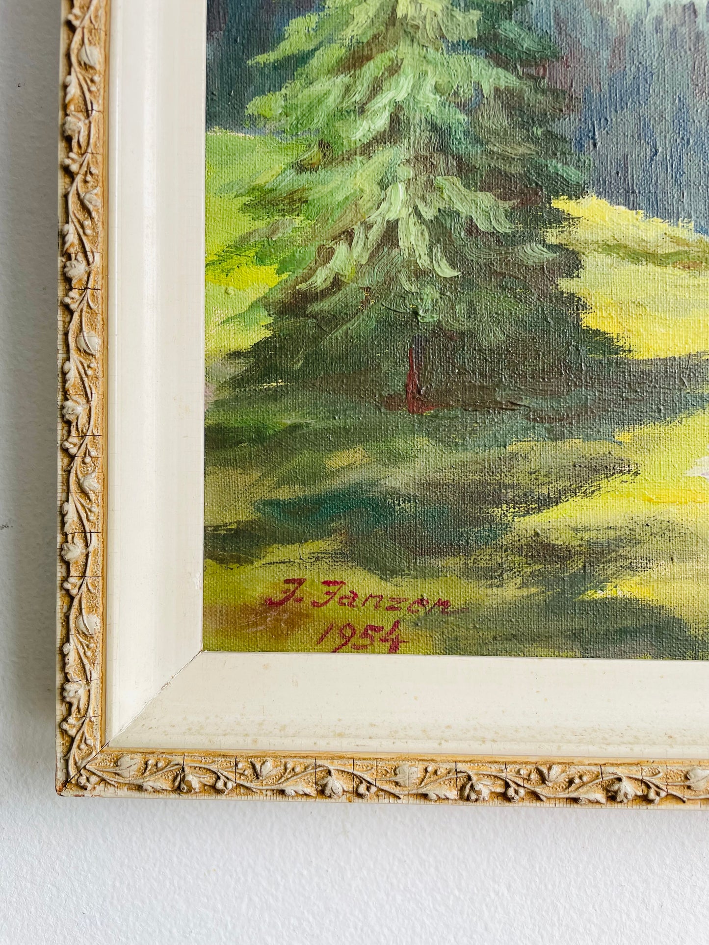 Vintage 1954 Original Art Painting Picture - Swiss Alps Mountain Scene with House & Woman Walking with Little Girl - Artist Signed