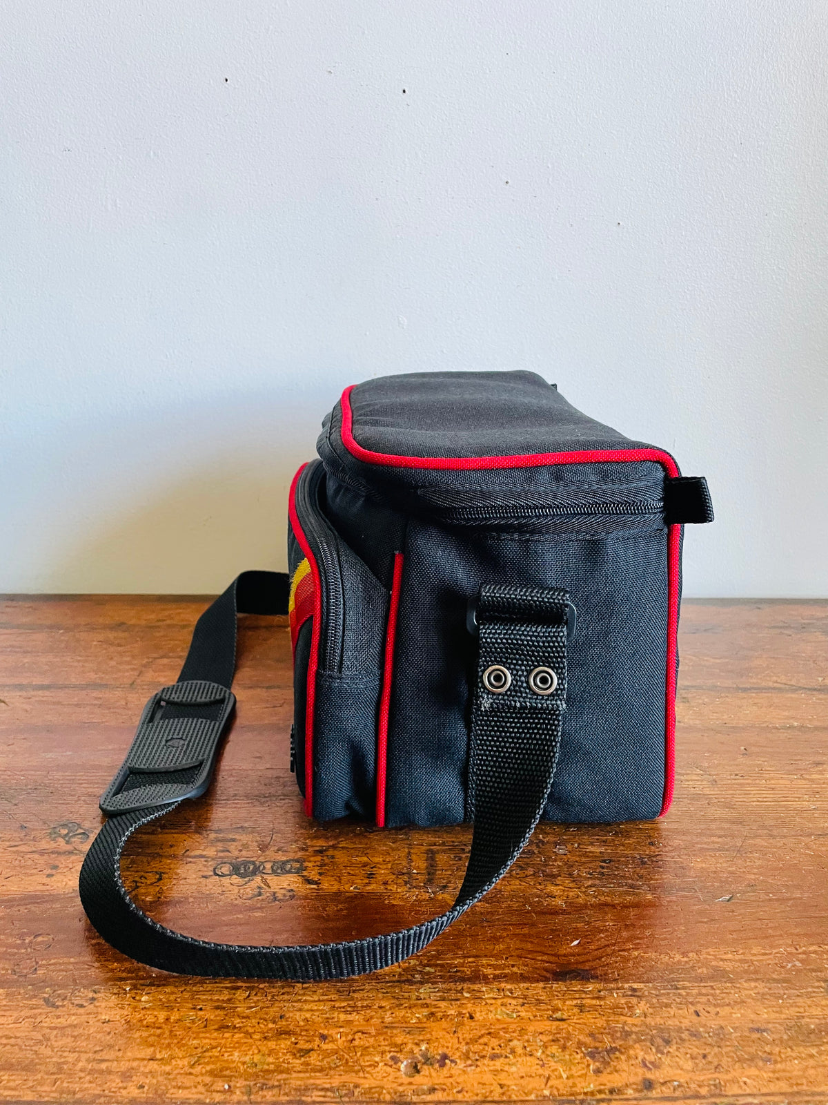 Vintage Black's Photography Camera Shoulder Bag Case with Yellow, Orange & Red Rainbow Stripe Design & Multiple Pockets - Made in Taiwan