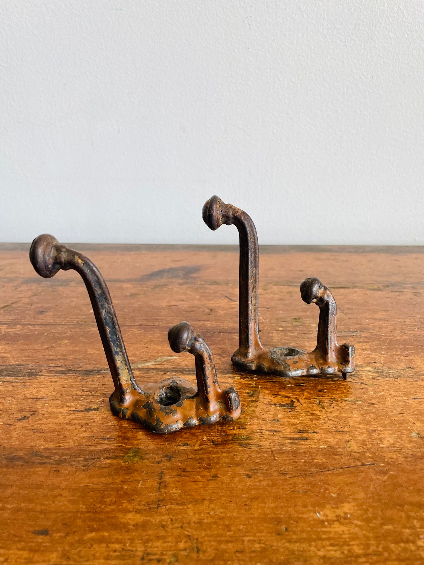Vintage Black Metal Double Wall Hook Hangers with Chippy Brown Paint - Architectural Salvage / As Found - Set of 2