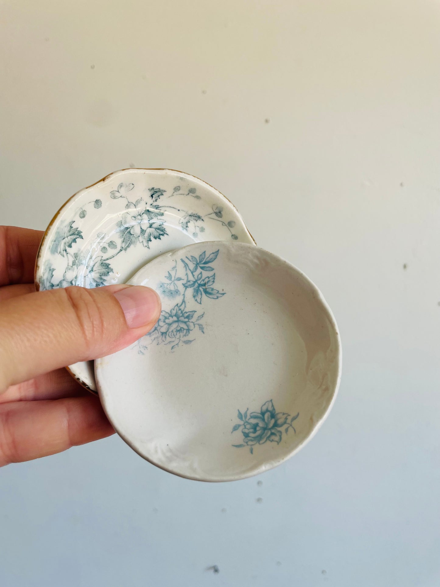 Vintage Miniature White Butter Pat Dishes with Blue Floral Design - Made in England - Set of 2