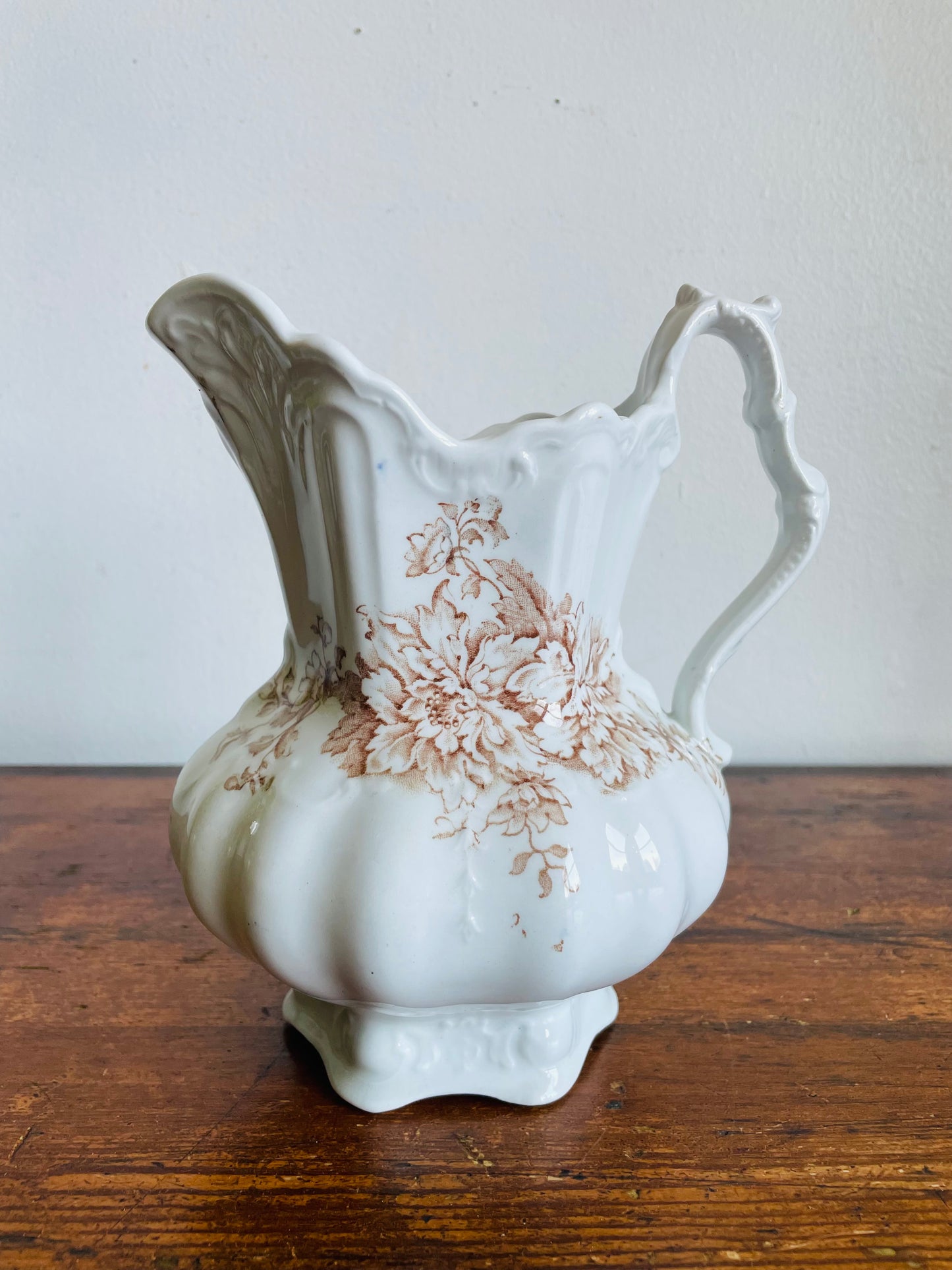 Vintage White & Brown Transferware Vase Pitcher with Ornate & Floral Pattern