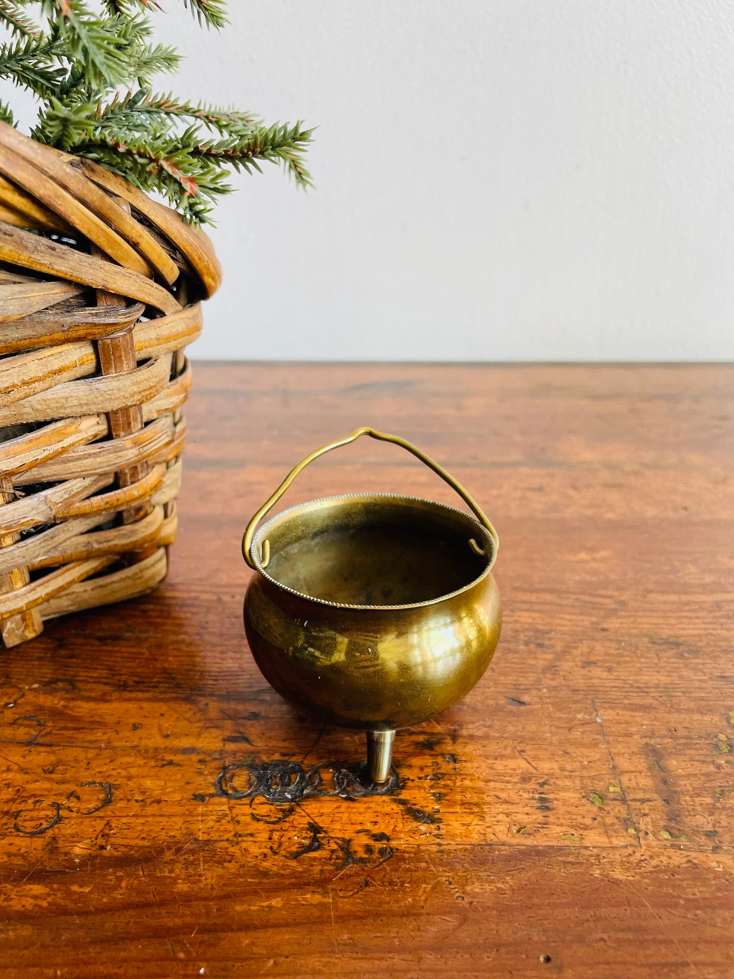 Miniature Footed Brass Cauldron Pot with Handle