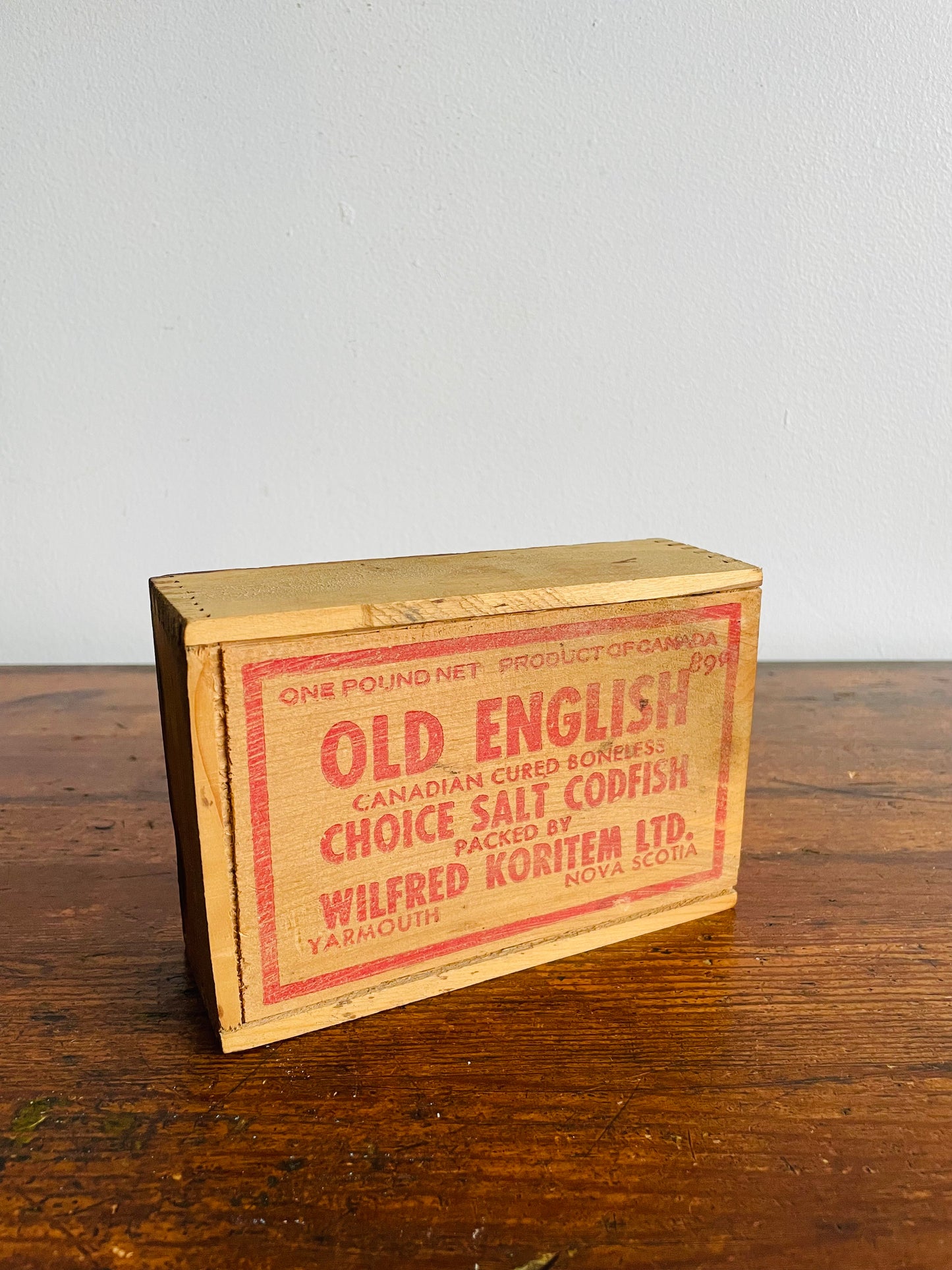 Old English Choice Salt Codfish Wood Box with Sliding Lid - One Pound Net - Packed by Wilfred Koritem Ltd. Yarmouth Nova Scotia