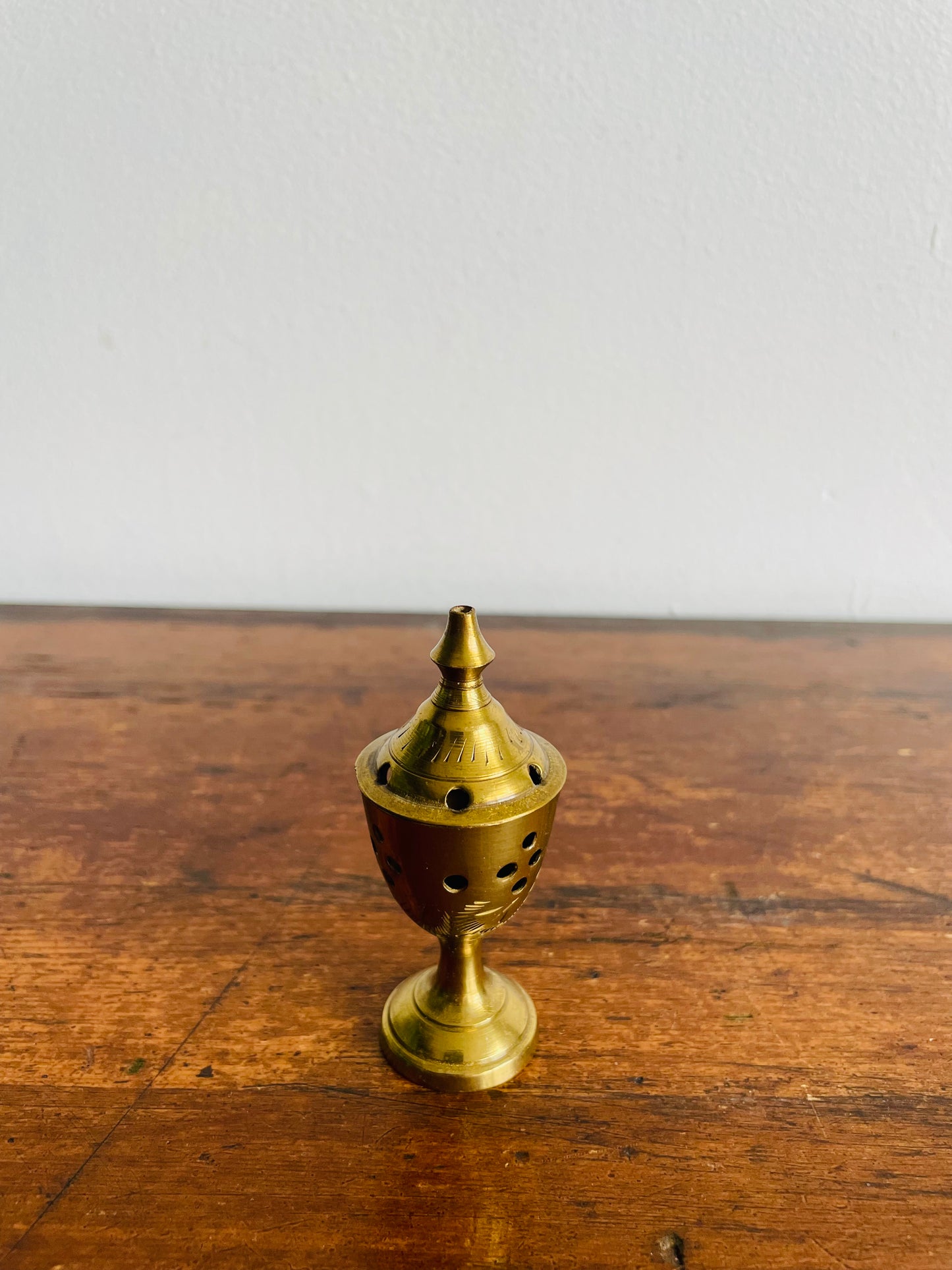 Solid Brass Mini Goblet Shaped Incense Burner with Stem and Lid