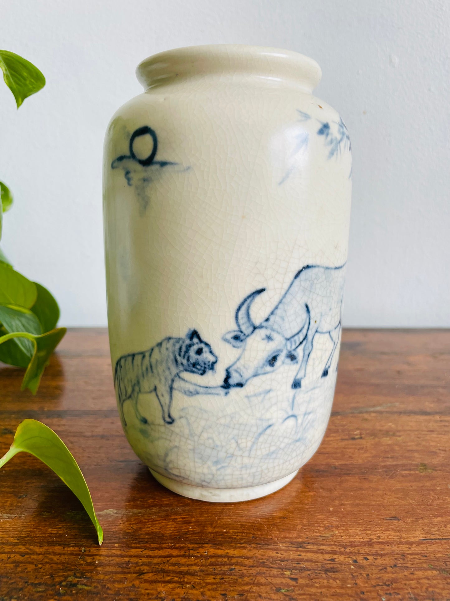 Vintage Hand Painted Blue & White Chinese Vase with Ox, Tiger & Bamboo Design