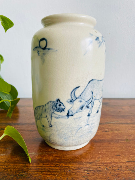 Vintage Hand Painted Blue & White Chinese Vase with Ox, Tiger & Bamboo Design