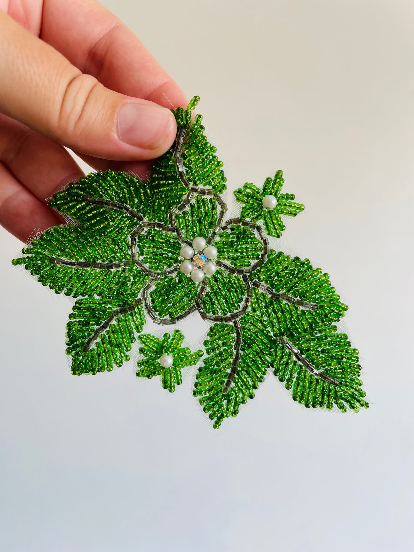 Handmade Green Flower Beaded Appliqué Patch