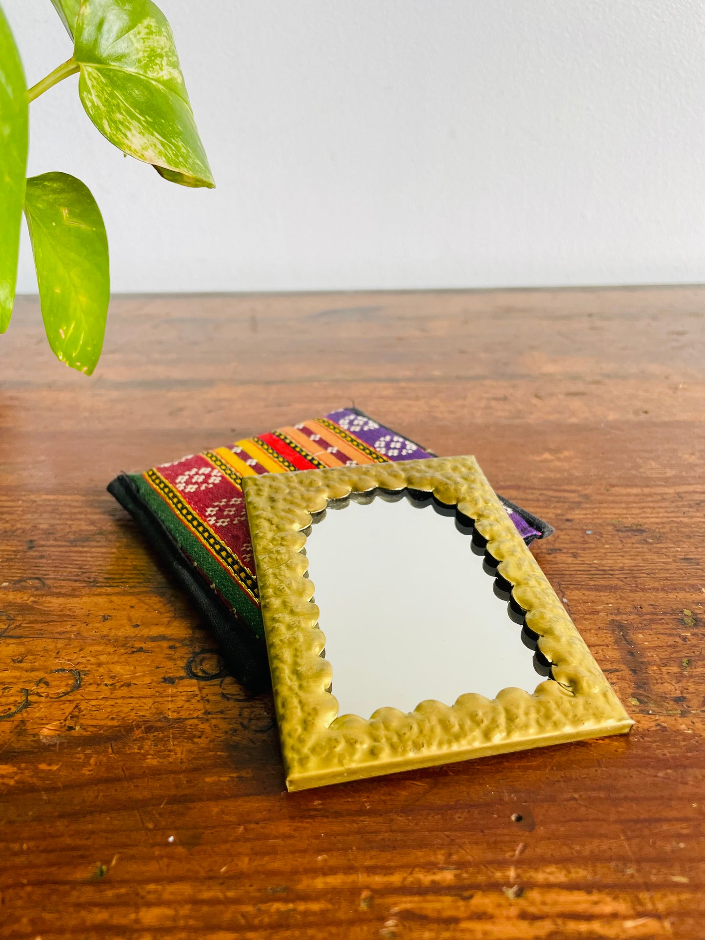 Pocket Sized Hammered Brass Mirror with Cloth Pouch