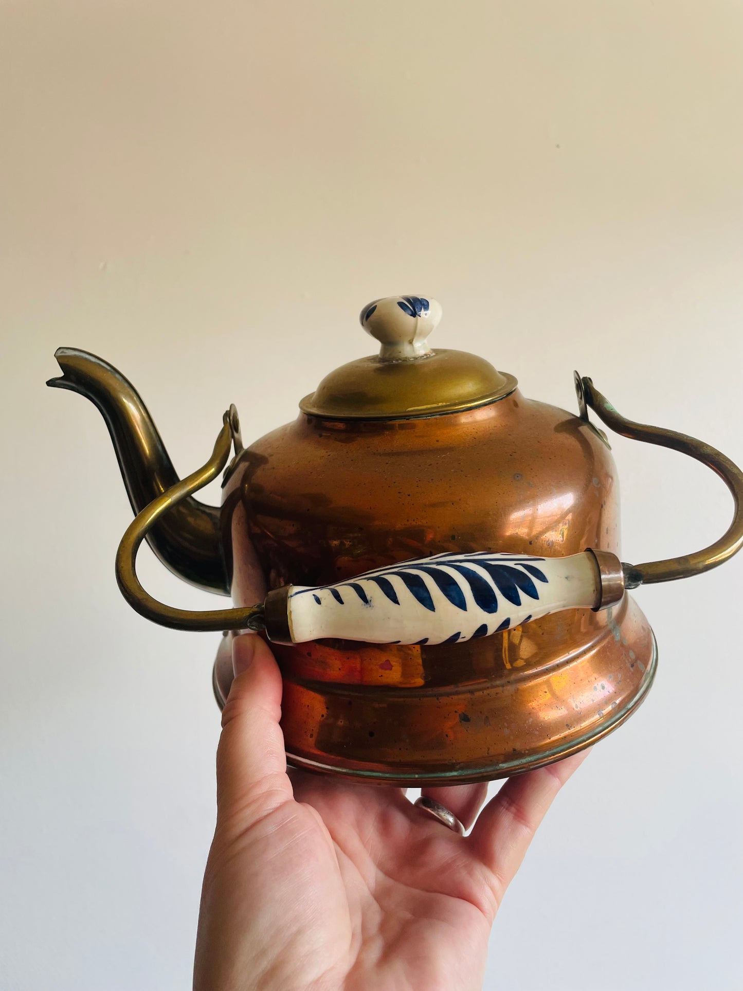 Copper Kettle with Blue & White Ceramic Handle