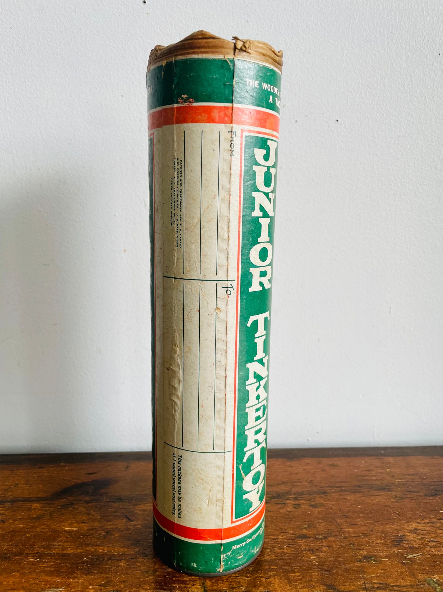 Vintage Junior Tinkertoy for Beginners Green Label Canister with Wood Building Blocks - Includes 42 Pieces