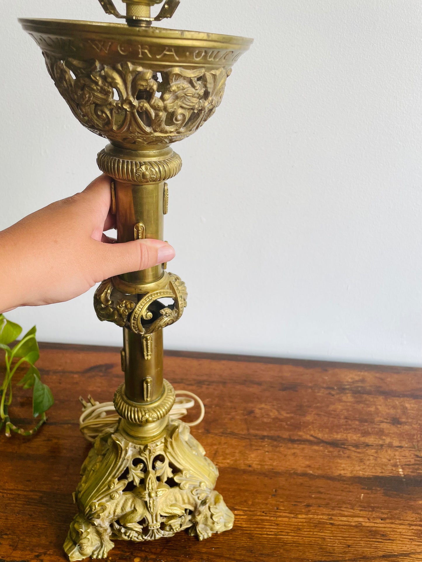 Antique Heavy Solid Brass Church Altar Candle Holder Turned Into Lamp - Originally from Montreal