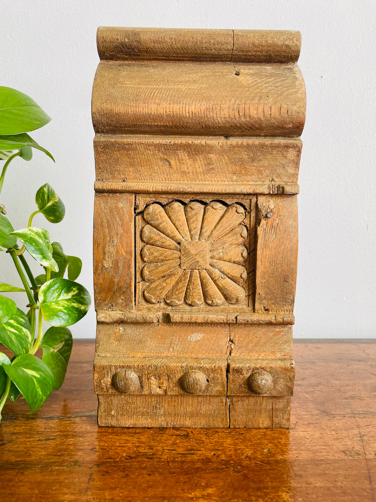 Vintage Wood Architectural Salvage Plinth Block Piece with Floral Rosette & Molded Trim - Can Hang or Stand