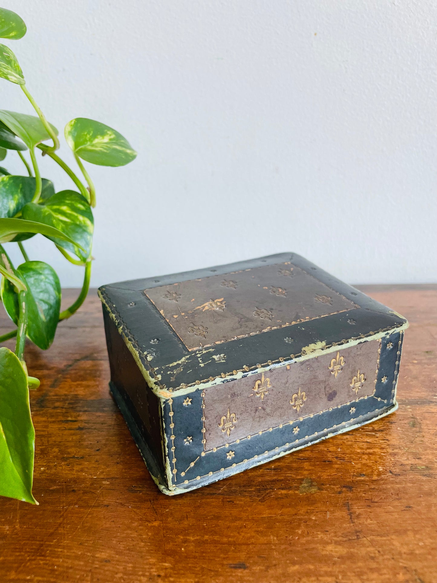 Vintage Black & Brown Italian Tooled Leather Box with Sloped Design & Hinged Lid - Wood Interior