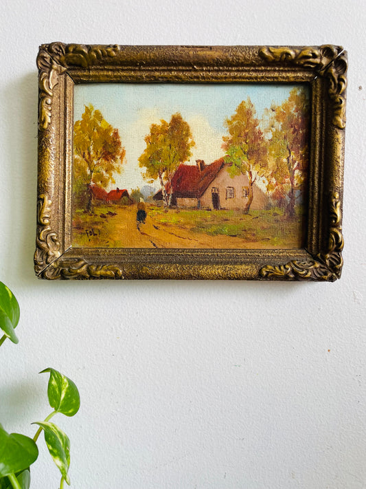 Vintage Original Art Painting in Gold Frame - European Rural Countryside Scene with Houses & Woman Walking Down Lane - Artist Signed