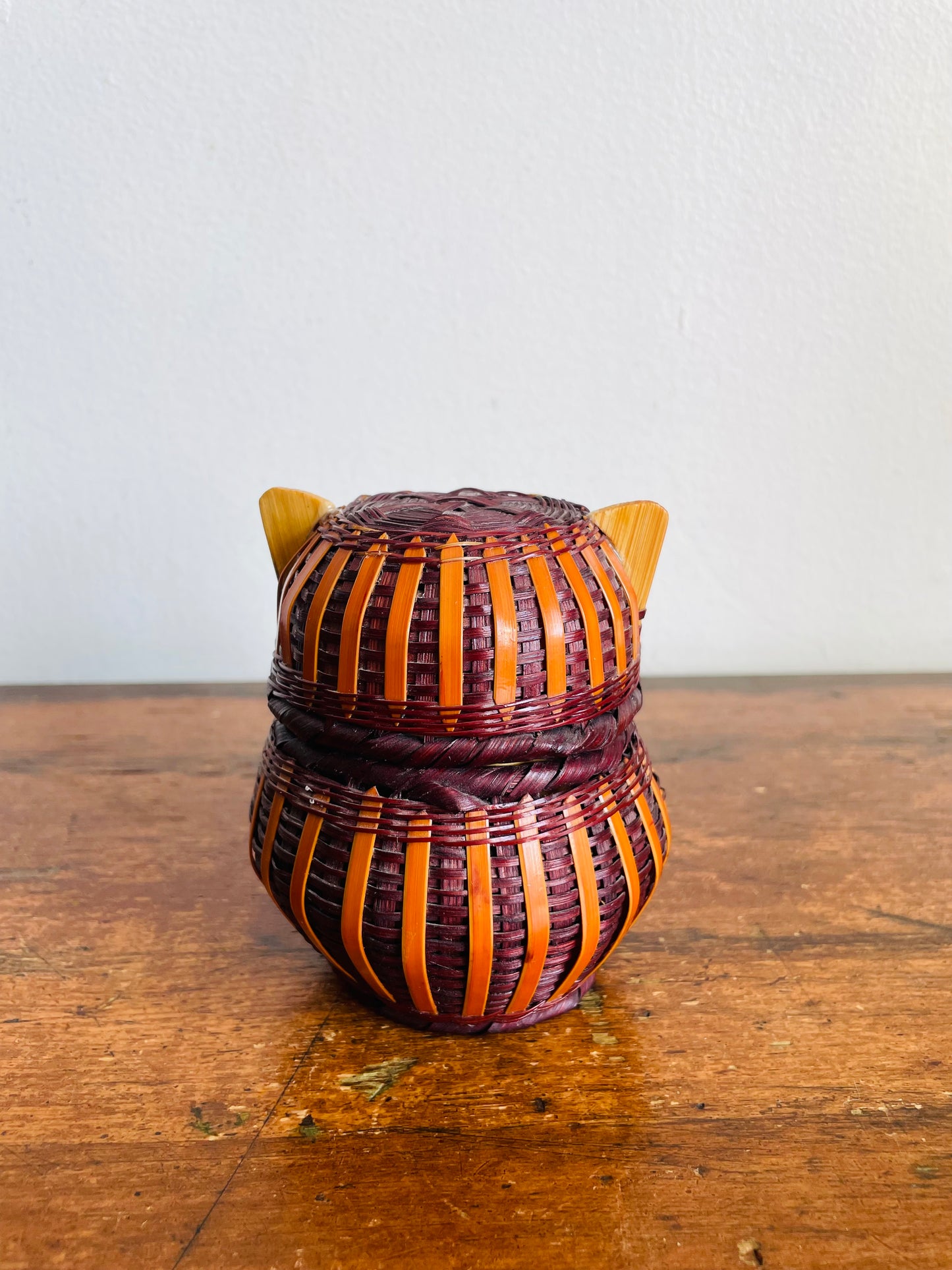 Vintage Mid-Century Modern Woven Wicker Wood Owl Basket Box Container with Lid