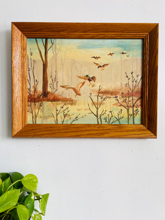 Vintage Original Art Painting Picture of Ducks in Flight Landing in Pond - Artist Signed