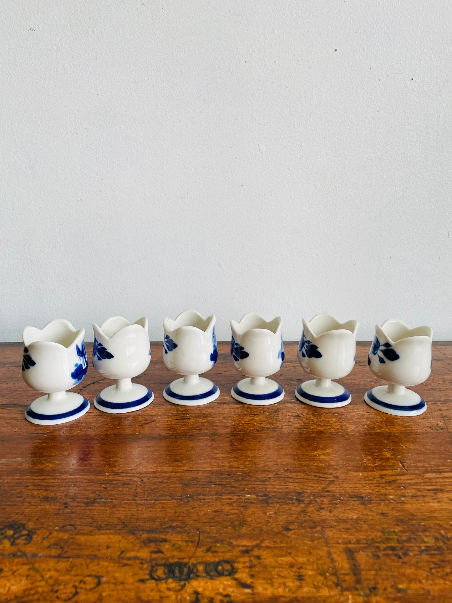 Vintage Hand Painted Delft Blue Tulip Shaped Egg Cup Holders with Flower & Windmill Design - Set of 6