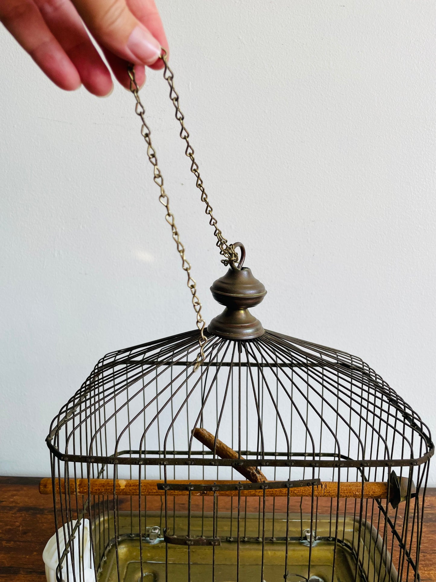 Antique Hendryx Brass & Metal Wire Bird Cage with Wood Perches & Milk Glass Food Dish - Art Deco Decor