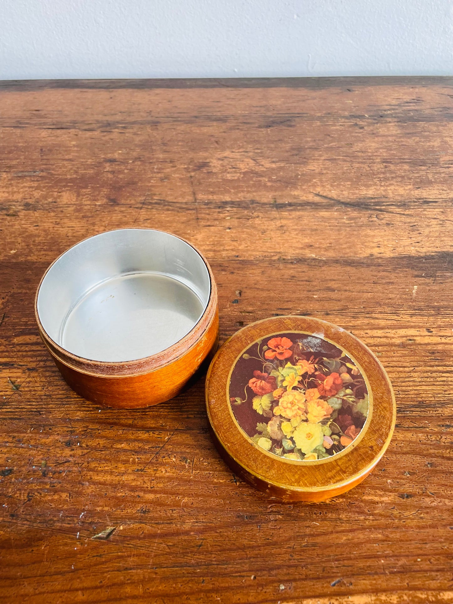 Round Wood & Tin Trinket Box with Floral Lid