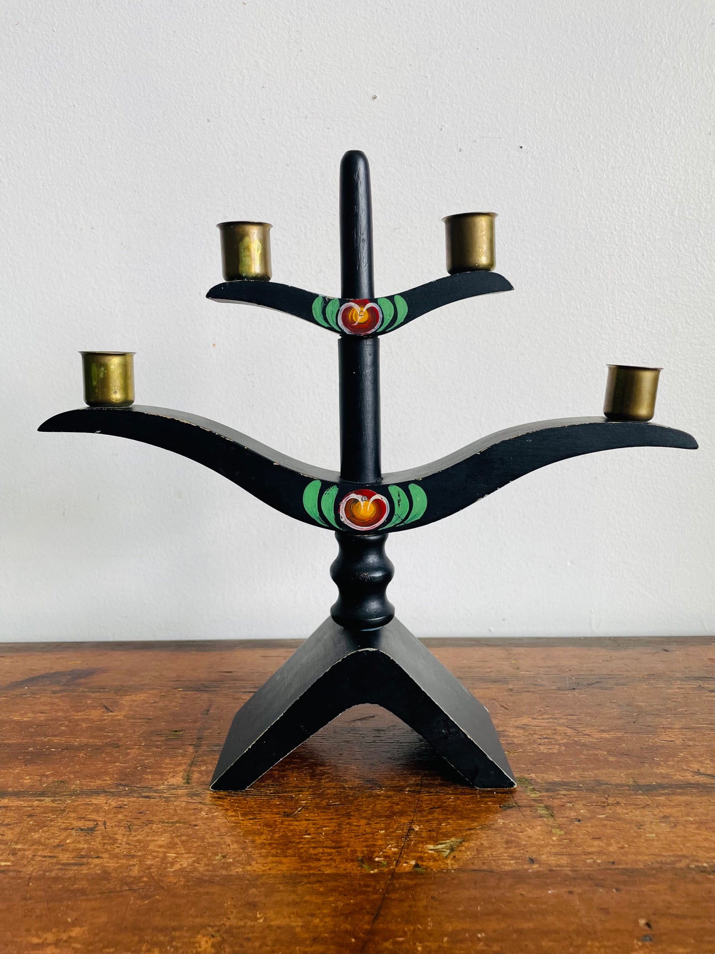 Vintage Scandinavian Folk Art Black Wood & Brass Cup Four Branch Candelabra Candle Holder with Painted Flower Design