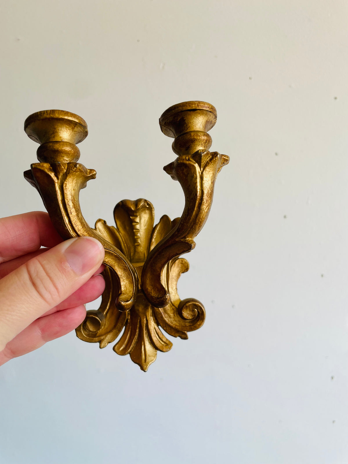 Vintage Italian Double Skinny Taper Candle Holder Wall Hanging Sconces - Gold Rococo Louis XV Style - Set of 2 - Made in Italy