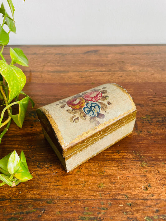 Vintage Florentine Wooden Trinket Box with Rounded Hinged Lid - Gold & Floral Hand Painted Design - Interior Lined