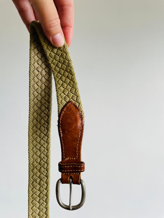 Sage Green Braided Rope & Leather Belt with Metal Buckle - Made in USA