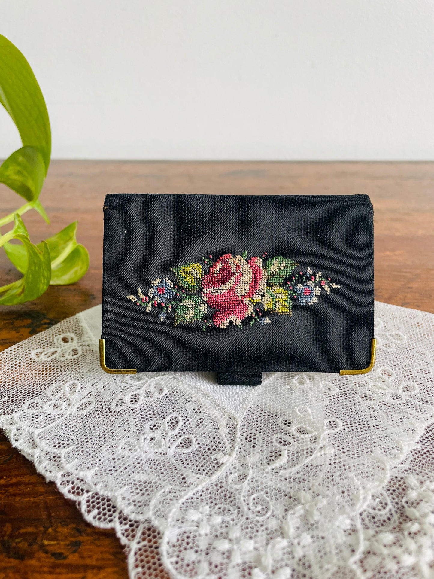 Pocket Sewing Kit in Clip Booklet Case - Made in Western Germany - Black with Brass & Petit Point Floral Embroidery